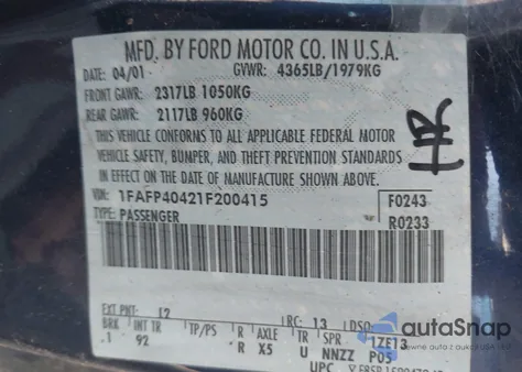 2001 Ford Mustang из США, поврежденный, VIN 1FAFP40421F200415